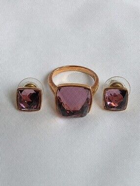 Swarovski Rose Gold Purple Crystal Ring & Stud Earrings Set Size 52 w/ Box